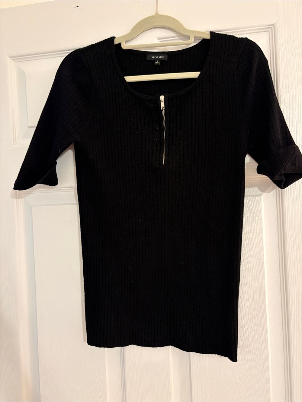 VENUS Black Ribbed Short Sleeve Zip-Neck Top